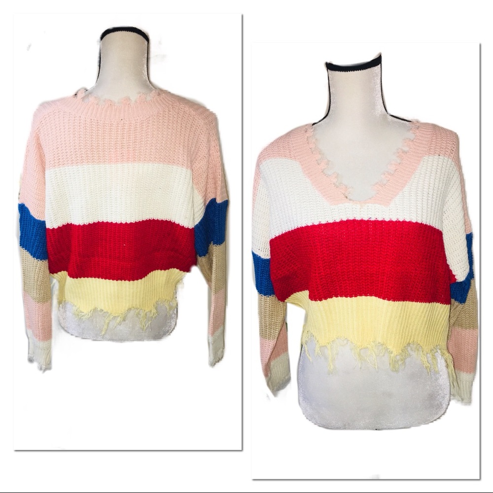 •HP•1 LEFT•Boho Rainbow Fringe Cropped Sweater • - Picture 5 of 7